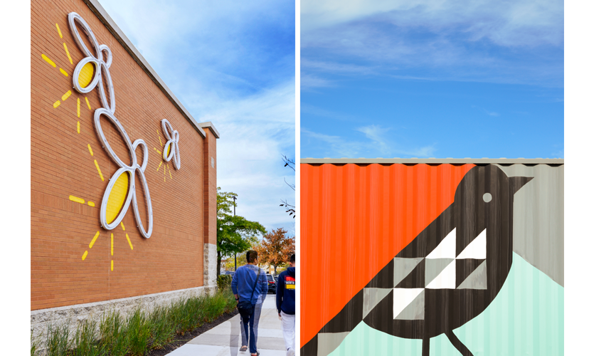 Continuing with the “Maryland Nature” inspired concept, a cluster of three fireflies arise from the grass. A Baltimore Raven and Baltimore Oriole painted on a storage container at the site. Photo credit: Vivian Marie Doering